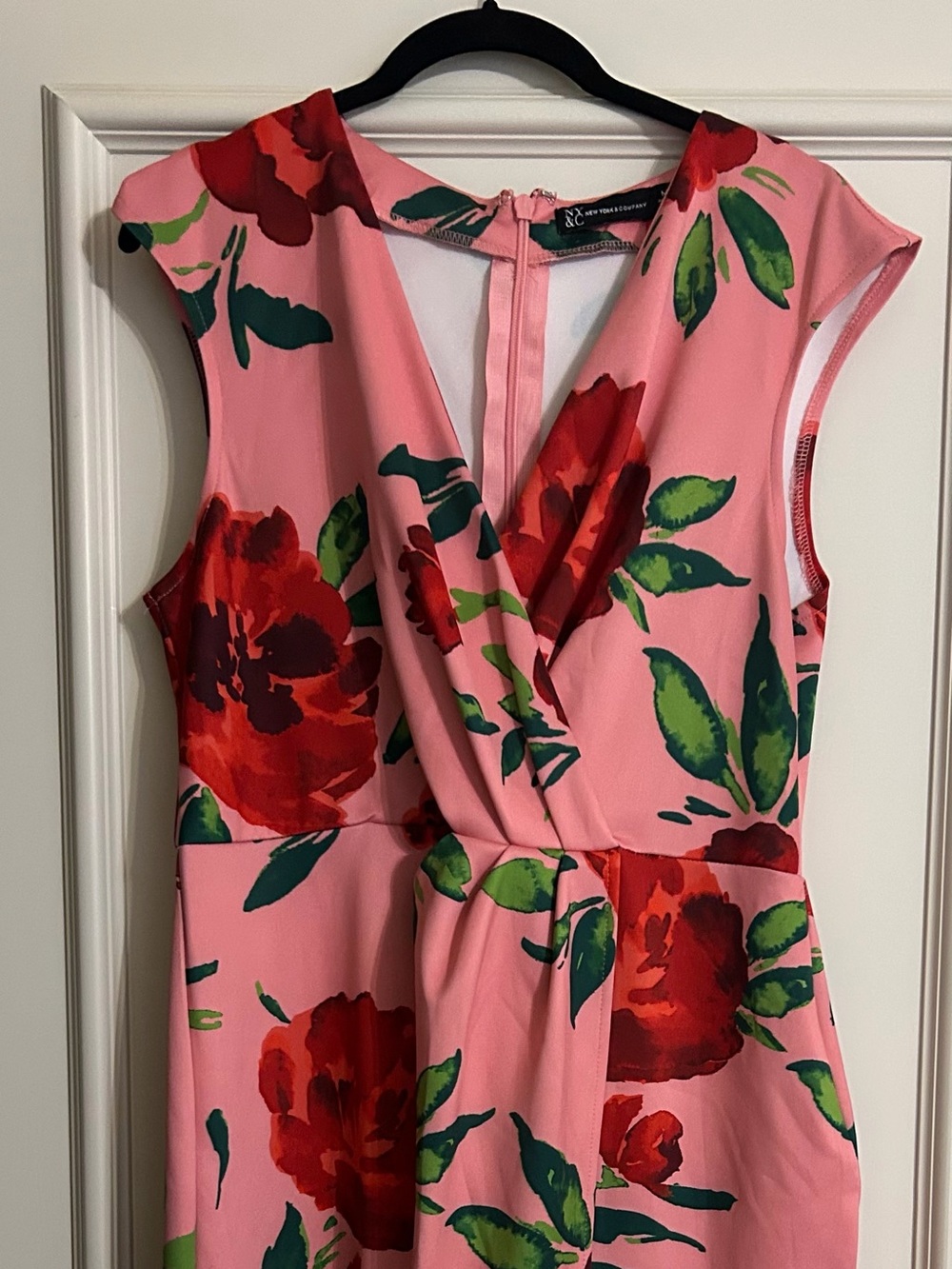 New York & Company Pink Floral Wrap Dress with Red Blooms
